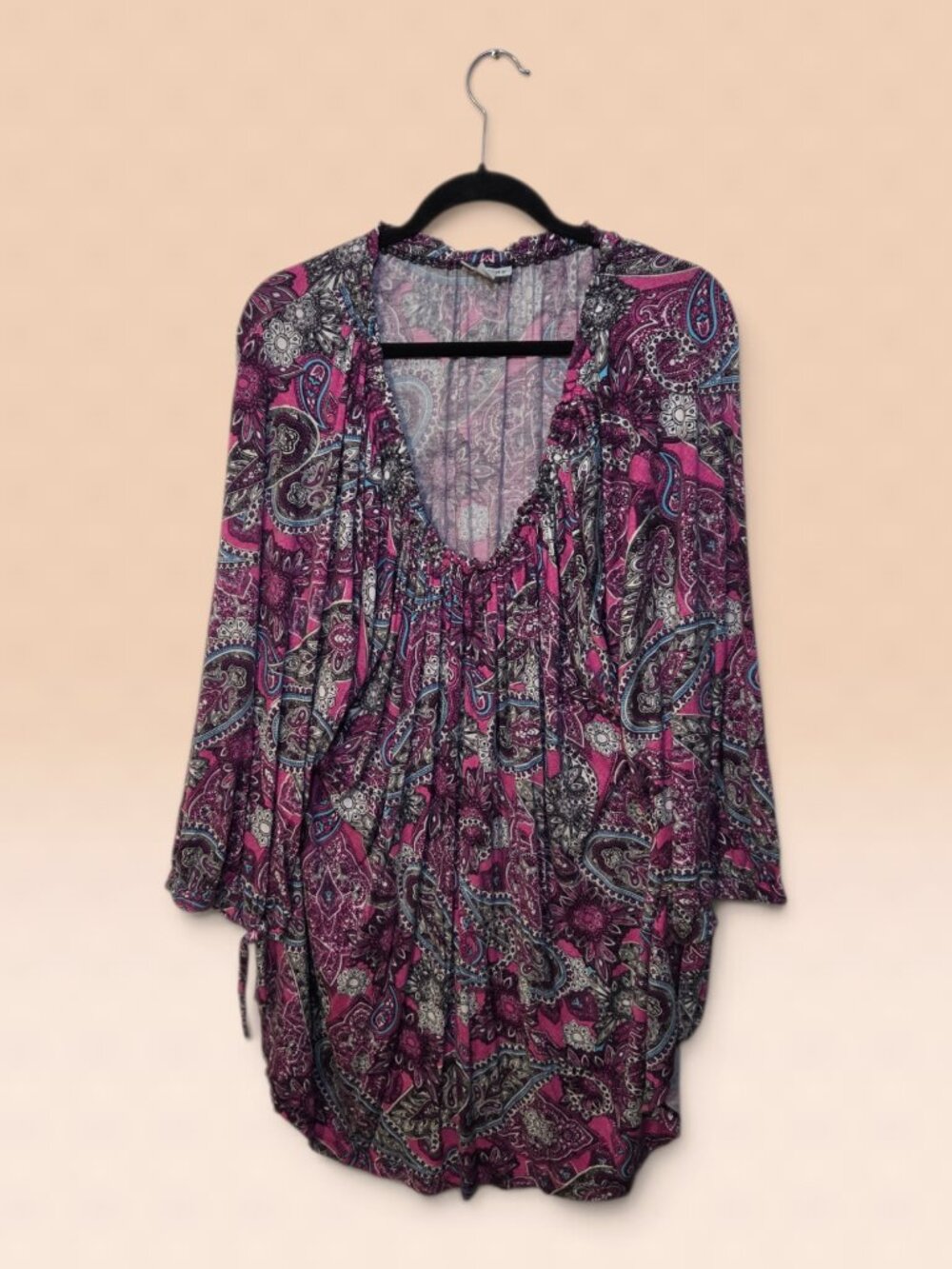 Catherines Tunic Top Womens 4X Purple Paisley Stretch Tie Sleeve Boho Blouse